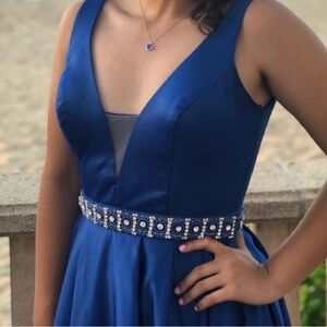 Royal Blue V-Neck Prom Dress with Embellished Waist